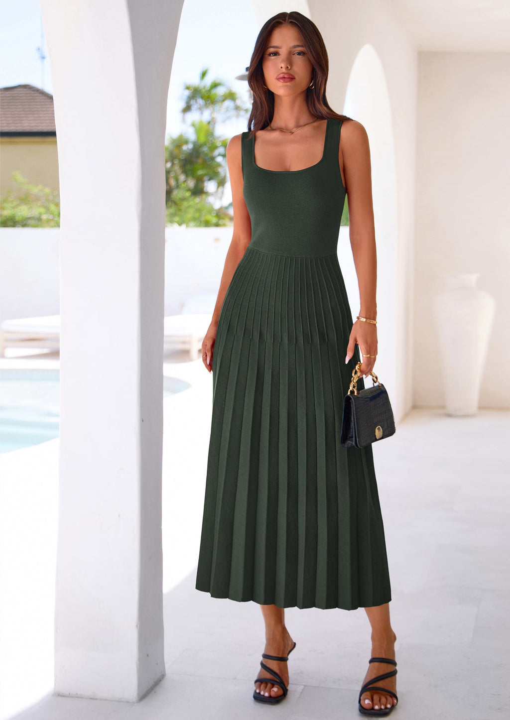 PRETTYGARDEN Spring Dresses for Women 2026 Summer Casual Sleeveless Square Neck A Line Knit Pleated Midi Cocktail Party Dress