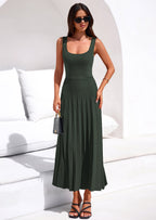 PRETTYGARDEN Spring Dresses for Women 2026 Summer Casual Sleeveless Square Neck A Line Knit Pleated Midi Cocktail Party Dress