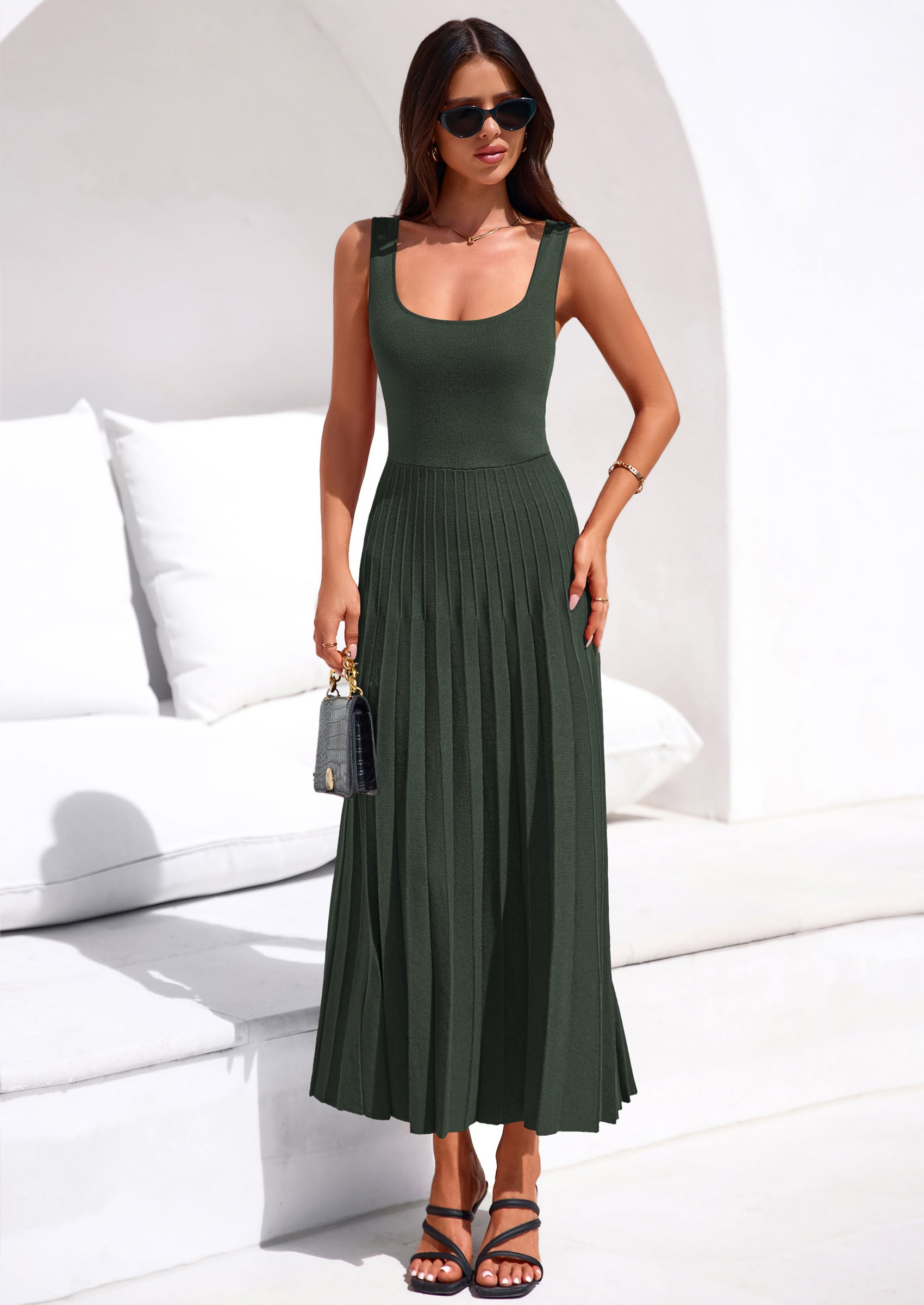 PRETTYGARDEN Spring Dresses for Women 2026 Summer Casual Sleeveless Square Neck A Line Knit Pleated Midi Cocktail Party Dress
