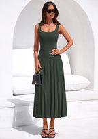 PRETTYGARDEN Spring Dresses for Women 2026 Summer Casual Sleeveless Square Neck A Line Knit Pleated Midi Cocktail Party Dress