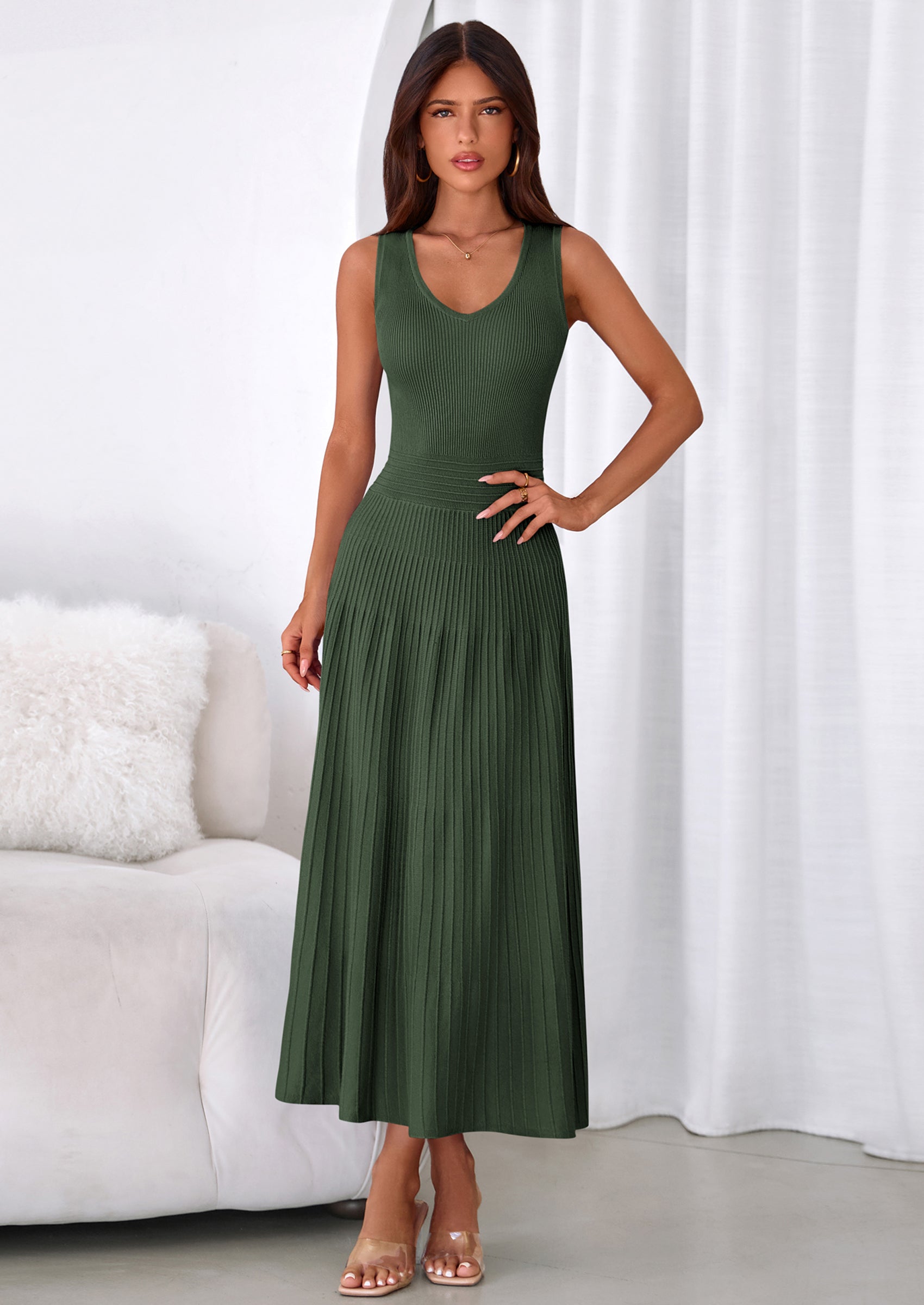 PRETTYGARDEN Women's Summer Casual Dresses Spring Sleeveless V Neck Midi Business Work A Line Pleated Cocktail Dress