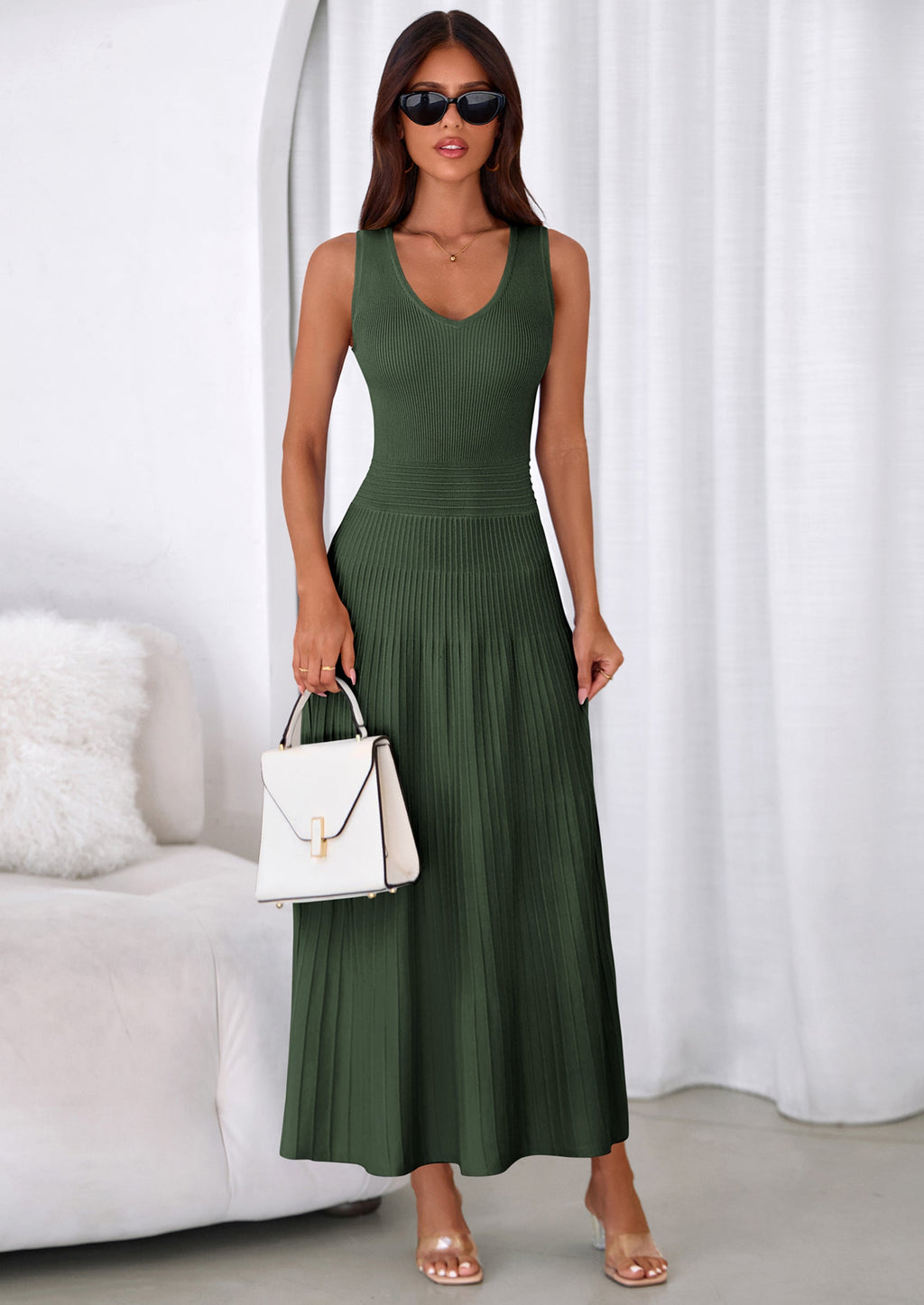 PRETTYGARDEN Women's Summer Casual Dresses Spring Sleeveless V Neck Midi Business Work A Line Pleated Cocktail Dress