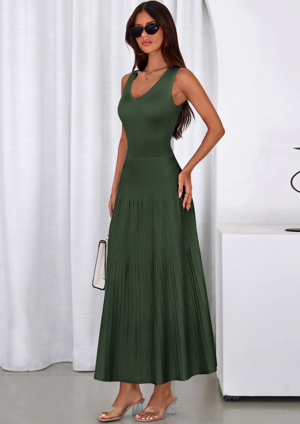 PRETTYGARDEN Women's Summer Casual Dresses Spring Sleeveless V Neck Midi Business Work A Line Pleated Cocktail Dress