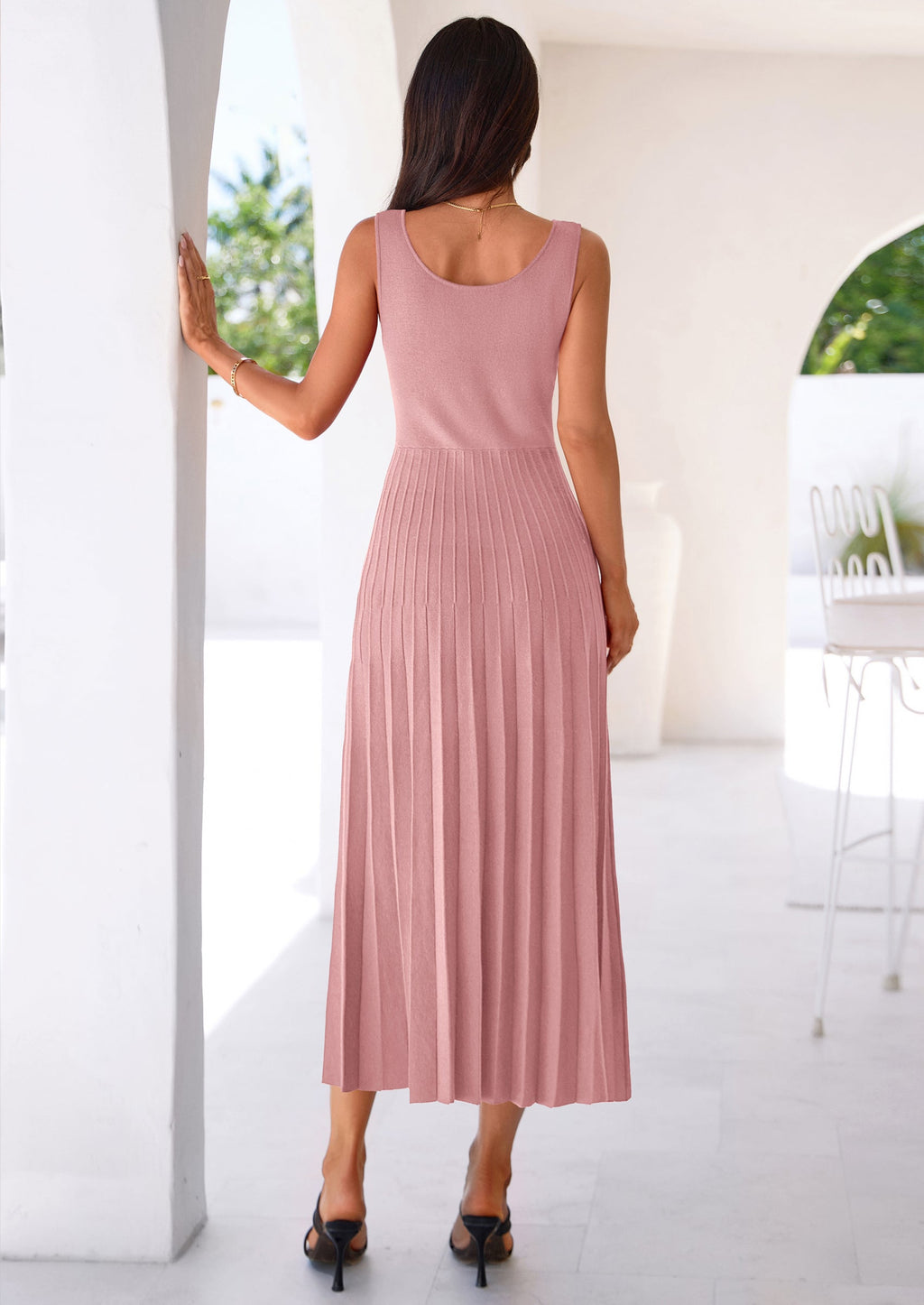 PRETTYGARDEN Spring Dresses for Women 2026 Summer Casual Sleeveless Square Neck A Line Knit Pleated Midi Cocktail Party Dress