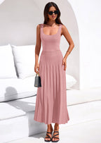 PRETTYGARDEN Spring Dresses for Women 2026 Summer Casual Sleeveless Square Neck A Line Knit Pleated Midi Cocktail Party Dress