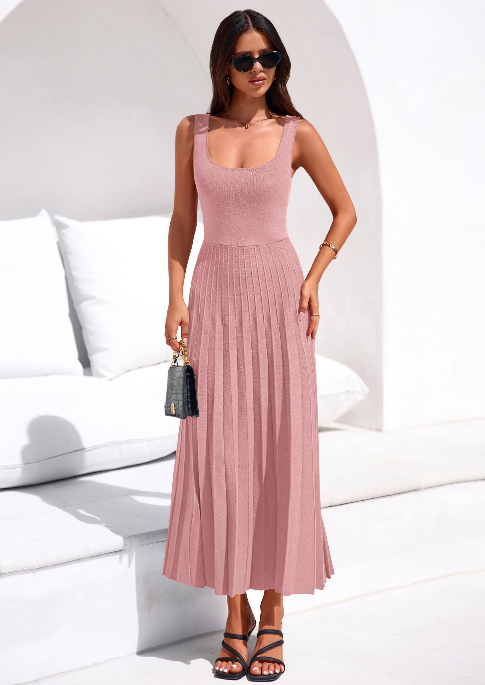 PRETTYGARDEN Spring Dresses for Women 2026 Summer Casual Sleeveless Square Neck A Line Knit Pleated Midi Cocktail Party Dress
