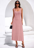 PRETTYGARDEN Spring Dresses for Women 2026 Summer Casual Sleeveless Square Neck A Line Knit Pleated Midi Cocktail Party Dress