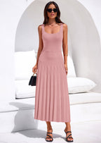 PRETTYGARDEN Spring Dresses for Women 2026 Summer Casual Sleeveless Square Neck A Line Knit Pleated Midi Cocktail Party Dress