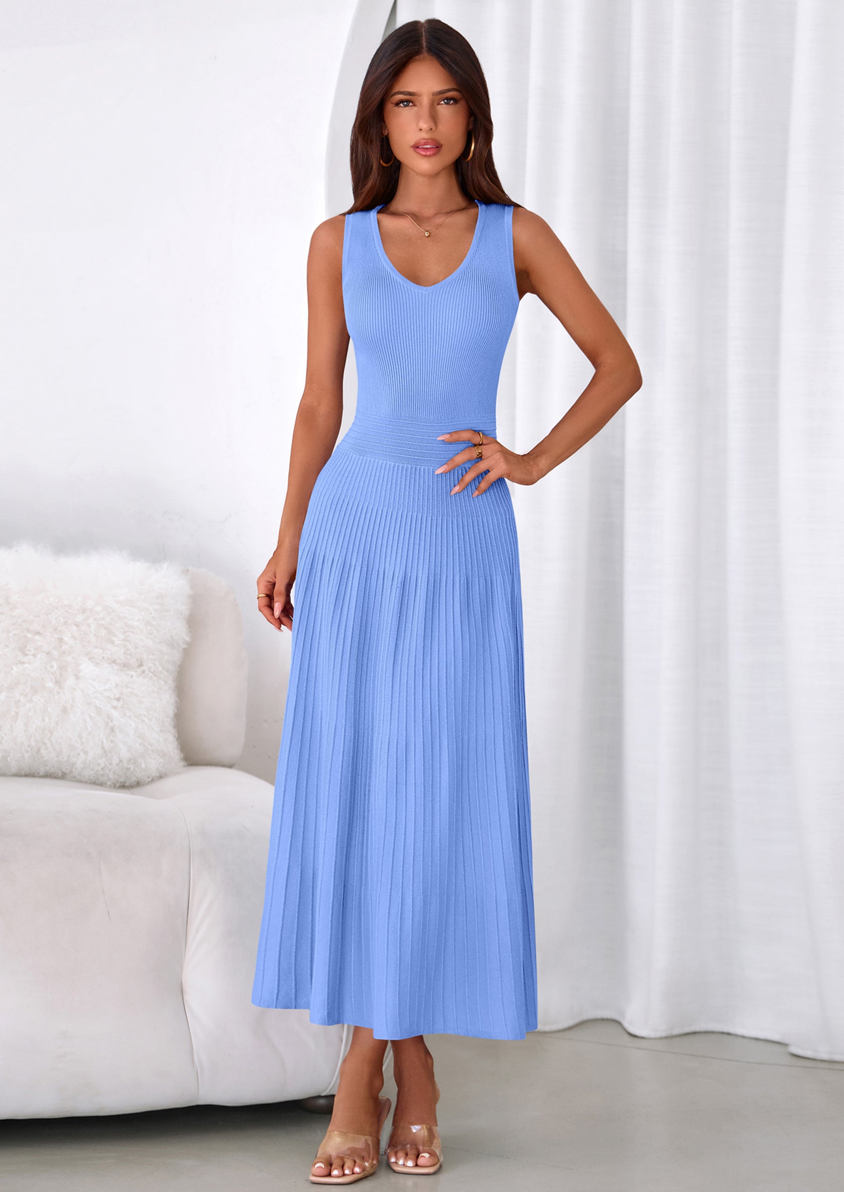 PRETTYGARDEN Women's Summer Casual Dresses Spring Sleeveless V Neck Midi Business Work A Line Pleated Cocktail Dress