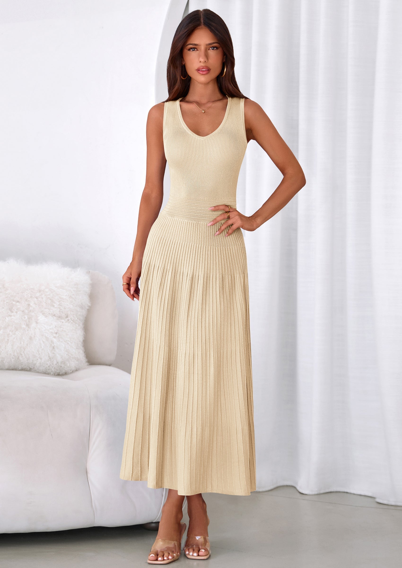 PRETTYGARDEN Women's Summer Casual Dresses Spring Sleeveless V Neck Midi Business Work A Line Pleated Cocktail Dress
