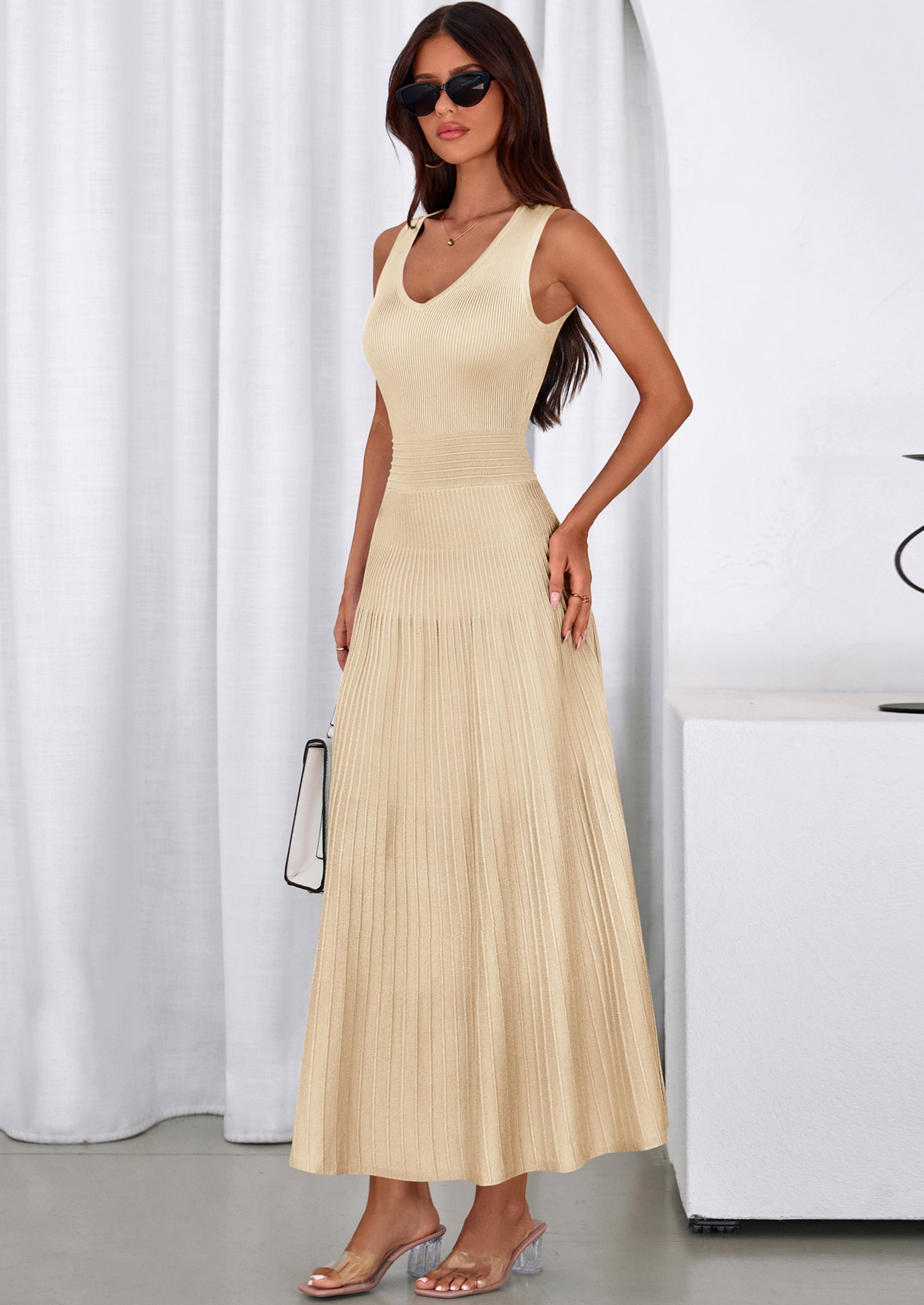 PRETTYGARDEN Women's Summer Casual Dresses Spring Sleeveless V Neck Midi Business Work A Line Pleated Cocktail Dress
