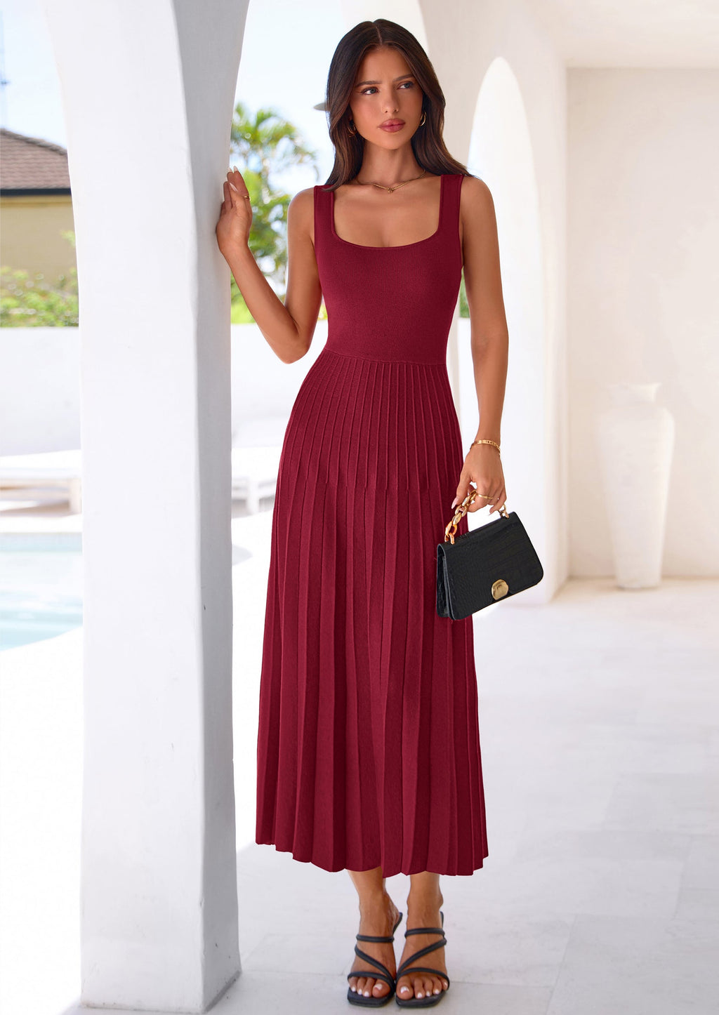 PRETTYGARDEN Spring Dresses for Women 2026 Summer Casual Sleeveless Square Neck A Line Knit Pleated Midi Cocktail Party Dress