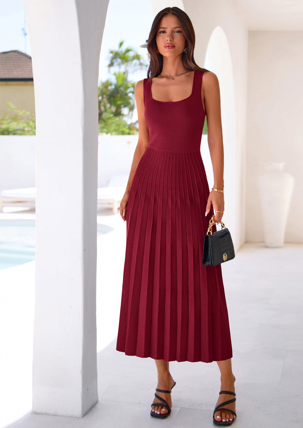 PRETTYGARDEN Spring Dresses for Women 2026 Summer Casual Sleeveless Square Neck A Line Knit Pleated Midi Cocktail Party Dress
