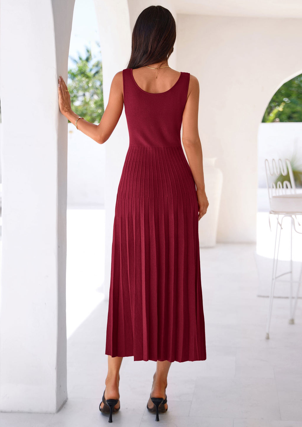PRETTYGARDEN Spring Dresses for Women 2026 Summer Casual Sleeveless Square Neck A Line Knit Pleated Midi Cocktail Party Dress