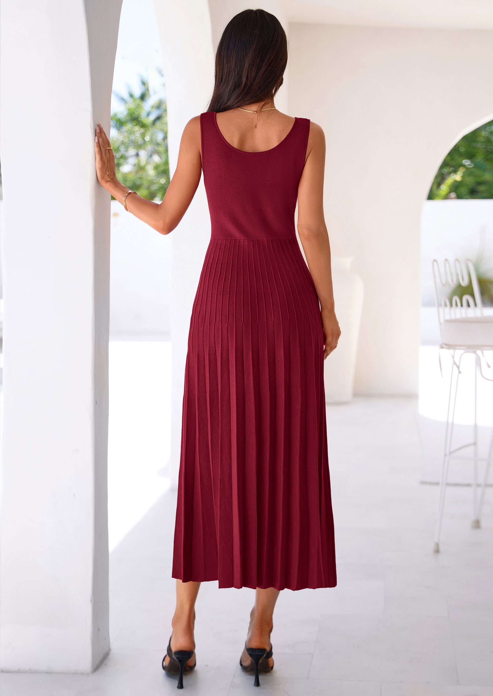 PRETTYGARDEN Spring Dresses for Women 2026 Summer Casual Sleeveless Square Neck A Line Knit Pleated Midi Cocktail Party Dress