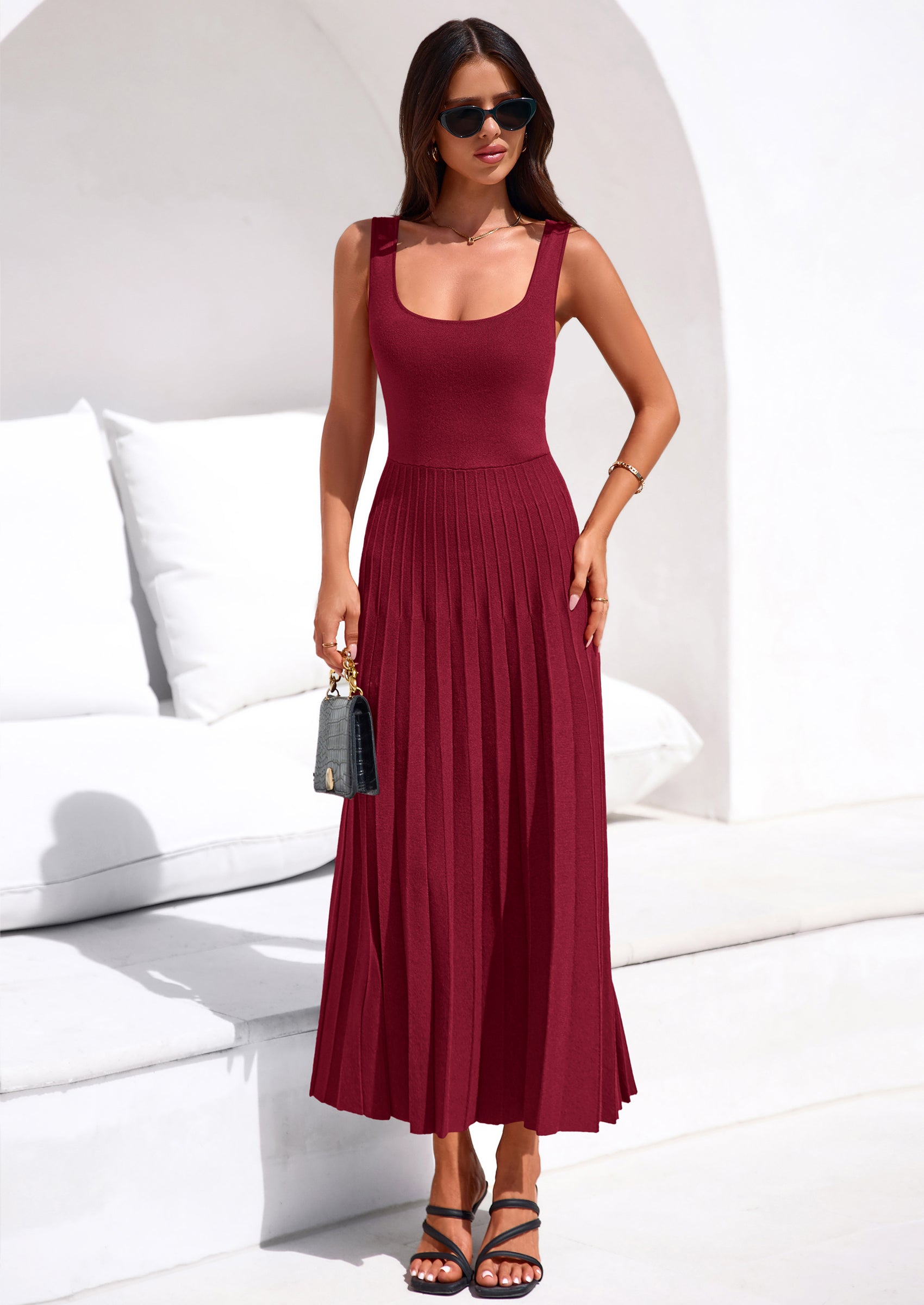 PRETTYGARDEN Spring Dresses for Women 2026 Summer Casual Sleeveless Square Neck A Line Knit Pleated Midi Cocktail Party Dress