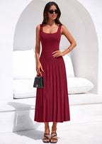 PRETTYGARDEN Spring Dresses for Women 2026 Summer Casual Sleeveless Square Neck A Line Knit Pleated Midi Cocktail Party Dress