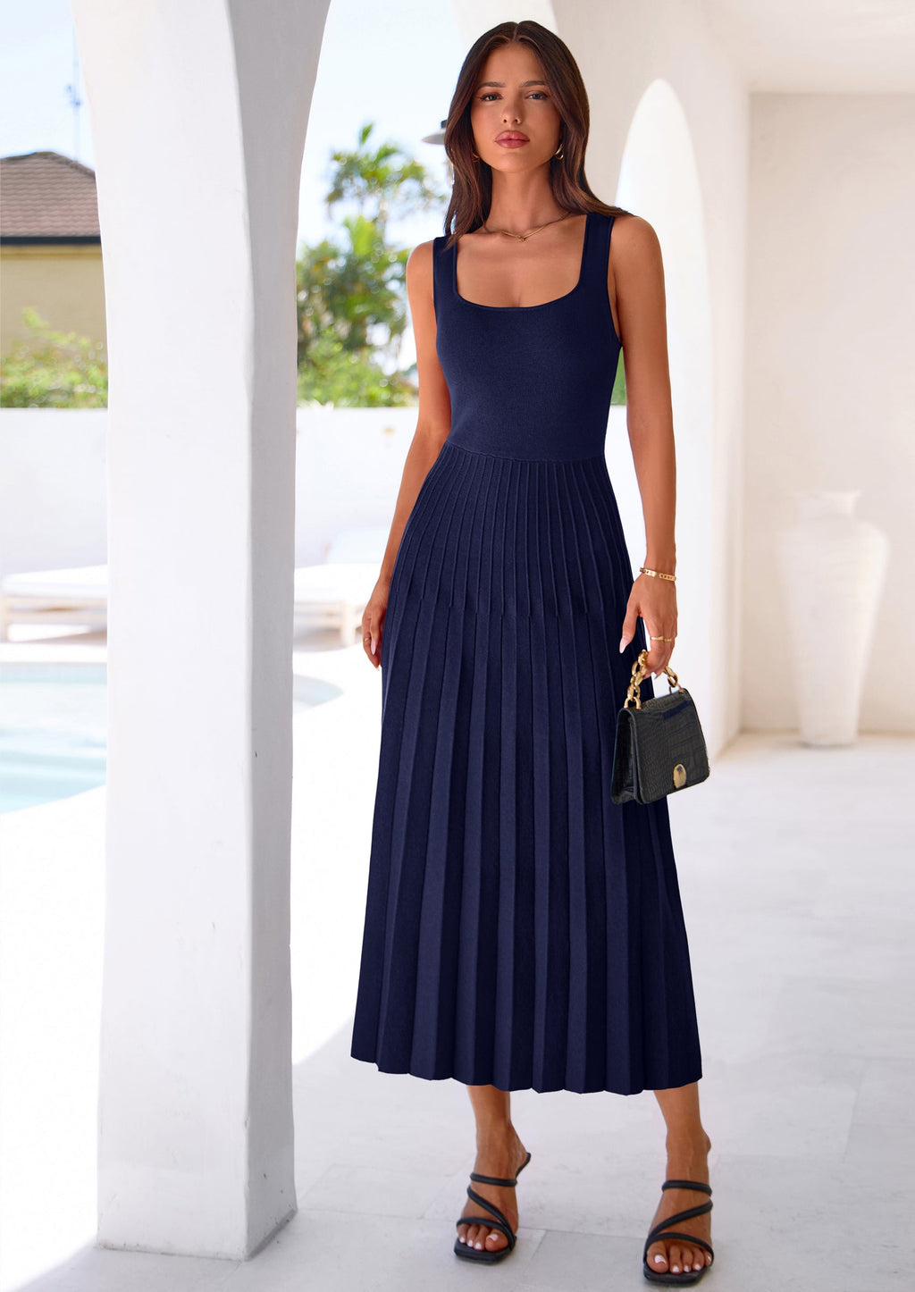 PRETTYGARDEN Spring Dresses for Women 2026 Summer Casual Sleeveless Square Neck A Line Knit Pleated Midi Cocktail Party Dress