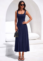 PRETTYGARDEN Spring Dresses for Women 2026 Summer Casual Sleeveless Square Neck A Line Knit Pleated Midi Cocktail Party Dress