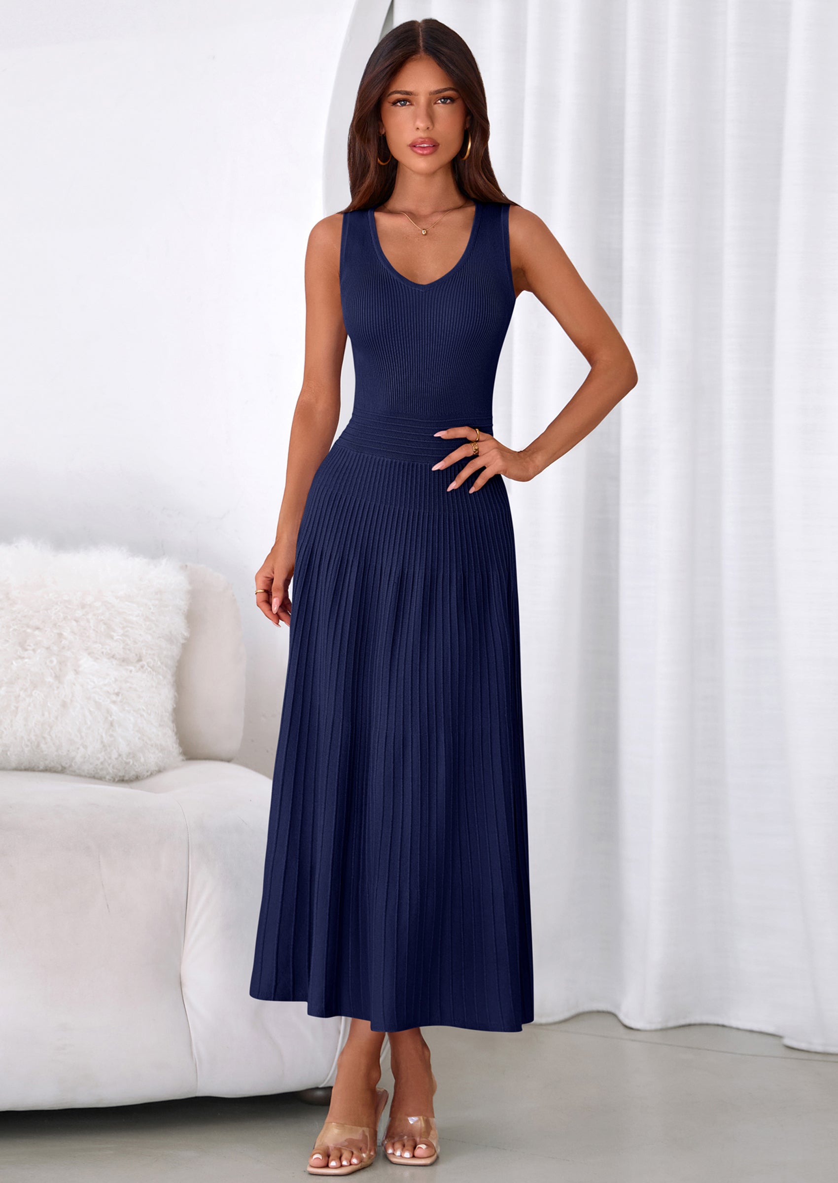 PRETTYGARDEN Women's Summer Casual Dresses Spring Sleeveless V Neck Midi Business Work A Line Pleated Cocktail Dress