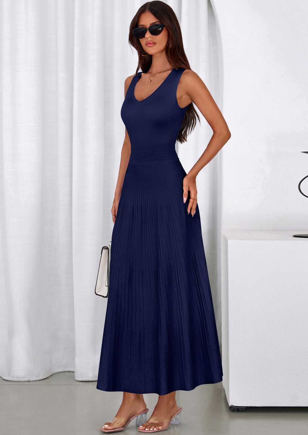 PRETTYGARDEN Women's Summer Casual Dresses Spring Sleeveless V Neck Midi Business Work A Line Pleated Cocktail Dress