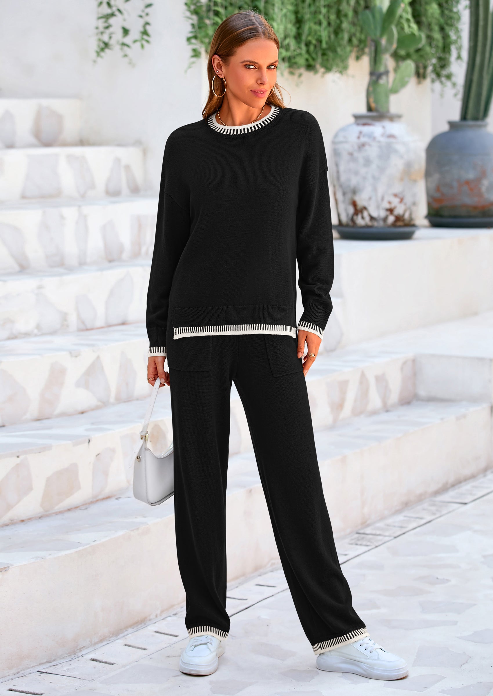 PRETTYGARDEN Women's 2 Piece Knit Sweater Outfit Casual Long Sleeve Pullover Wide Leg Pants Tracksuit Loungewear Set