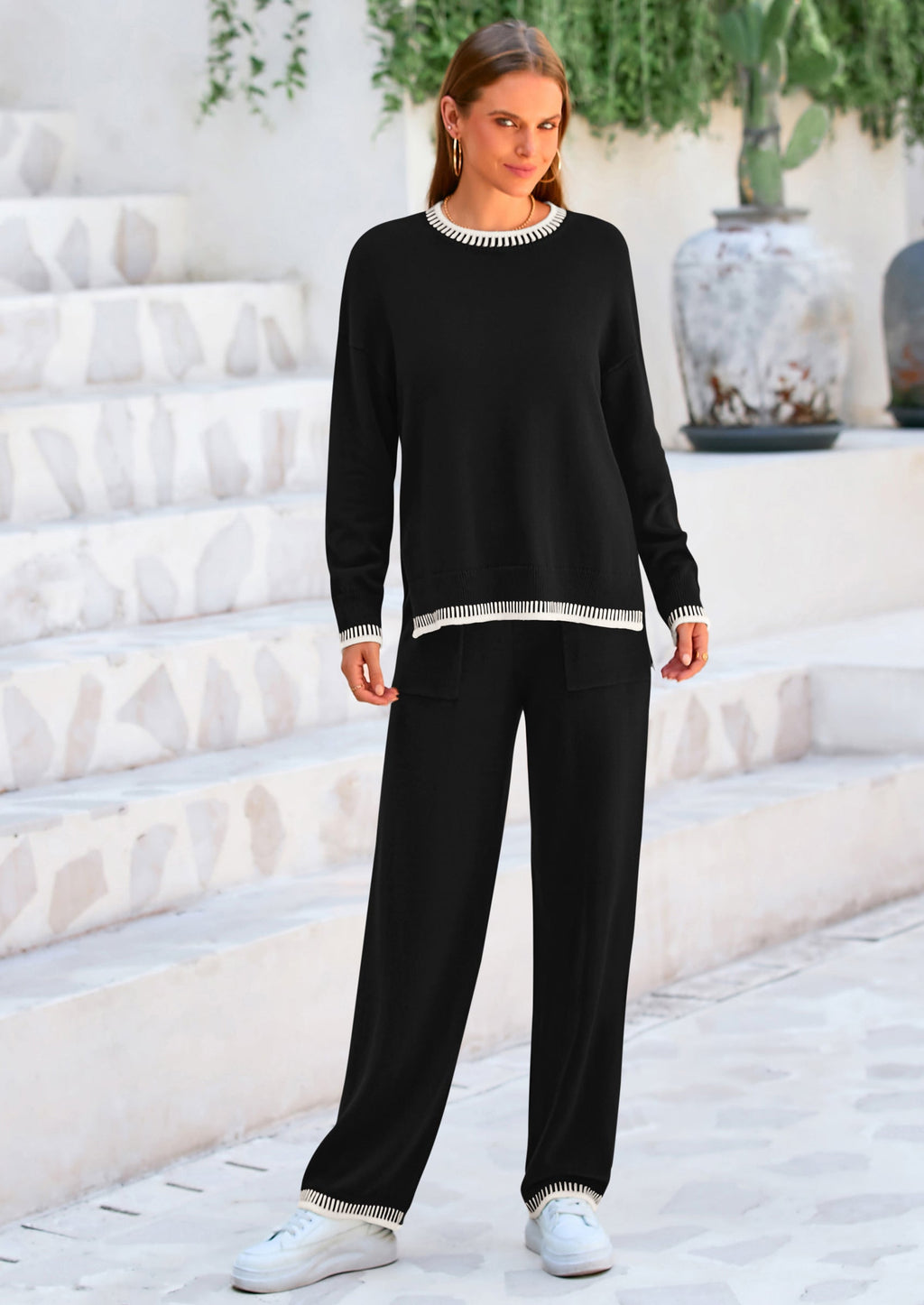 PRETTYGARDEN Women's 2 Piece Knit Sweater Outfit Casual Long Sleeve Pullover Wide Leg Pants Tracksuit Loungewear Set