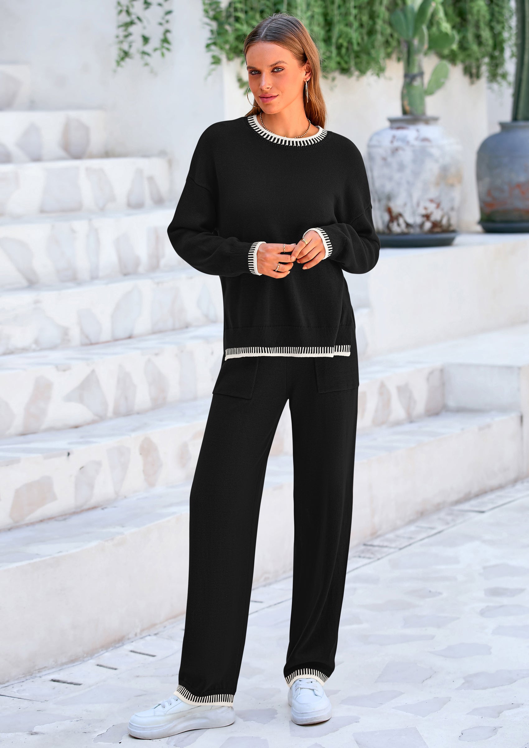 PRETTYGARDEN Women's 2 Piece Knit Sweater Outfit Casual Long Sleeve Pullover Wide Leg Pants Tracksuit Loungewear Set