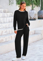 PRETTYGARDEN Women's 2 Piece Knit Sweater Outfit Casual Long Sleeve Pullover Wide Leg Pants Tracksuit Loungewear Set