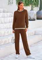 PRETTYGARDEN Women's 2 Piece Knit Sweater Outfit Casual Long Sleeve Pullover Wide Leg Pants Tracksuit Loungewear Set