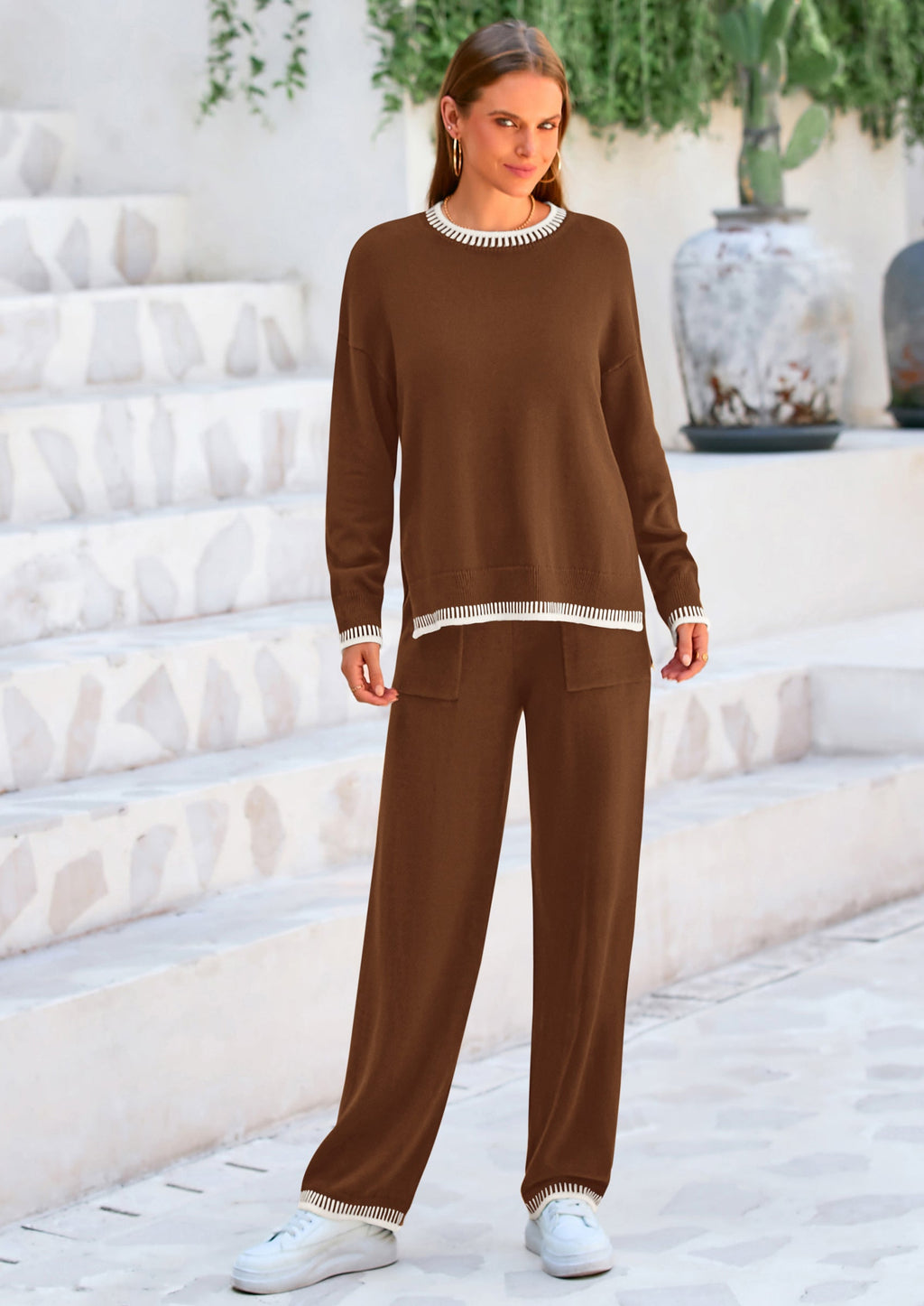 PRETTYGARDEN Women's 2 Piece Knit Sweater Outfit Casual Long Sleeve Pullover Wide Leg Pants Tracksuit Loungewear Set
