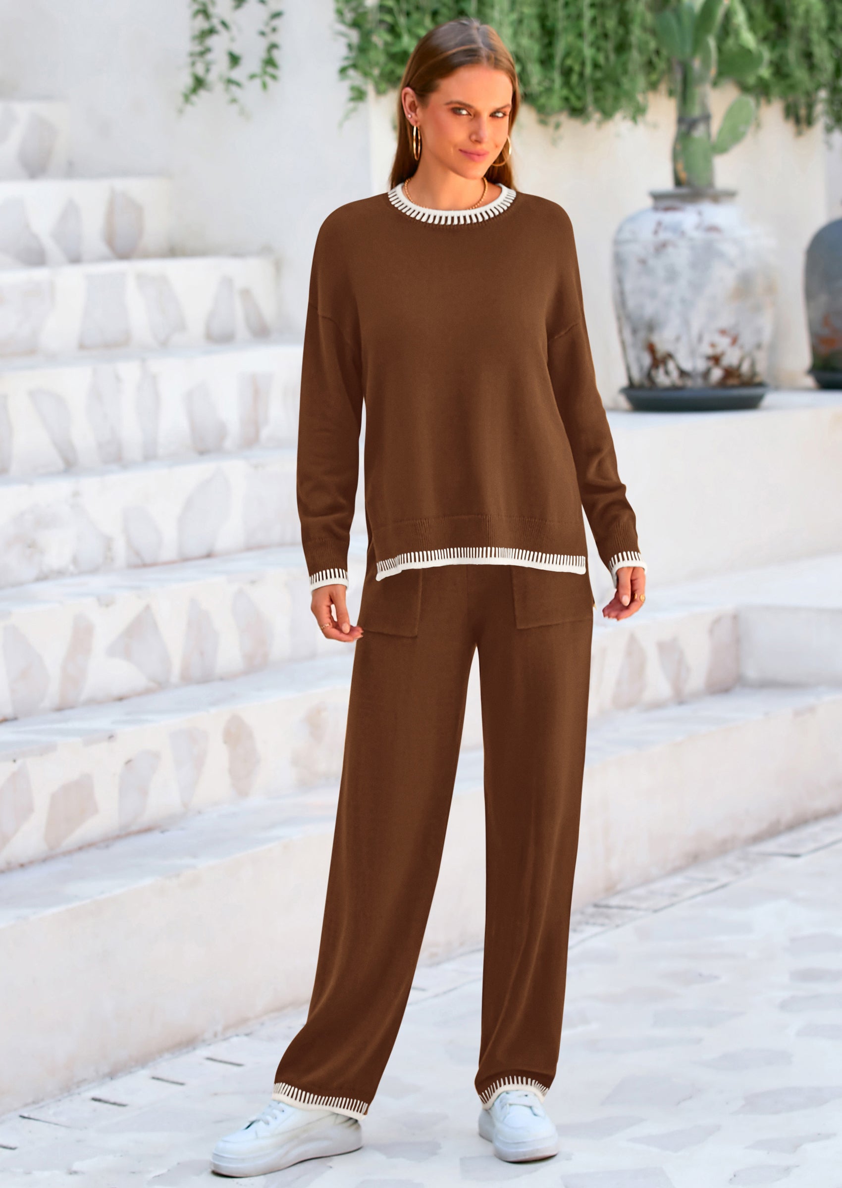 PRETTYGARDEN Women's 2 Piece Knit Sweater Outfit Casual Long Sleeve Pullover Wide Leg Pants Tracksuit Loungewear Set