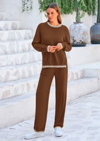 PRETTYGARDEN Women's 2 Piece Knit Sweater Outfit Casual Long Sleeve Pullover Wide Leg Pants Tracksuit Loungewear Set