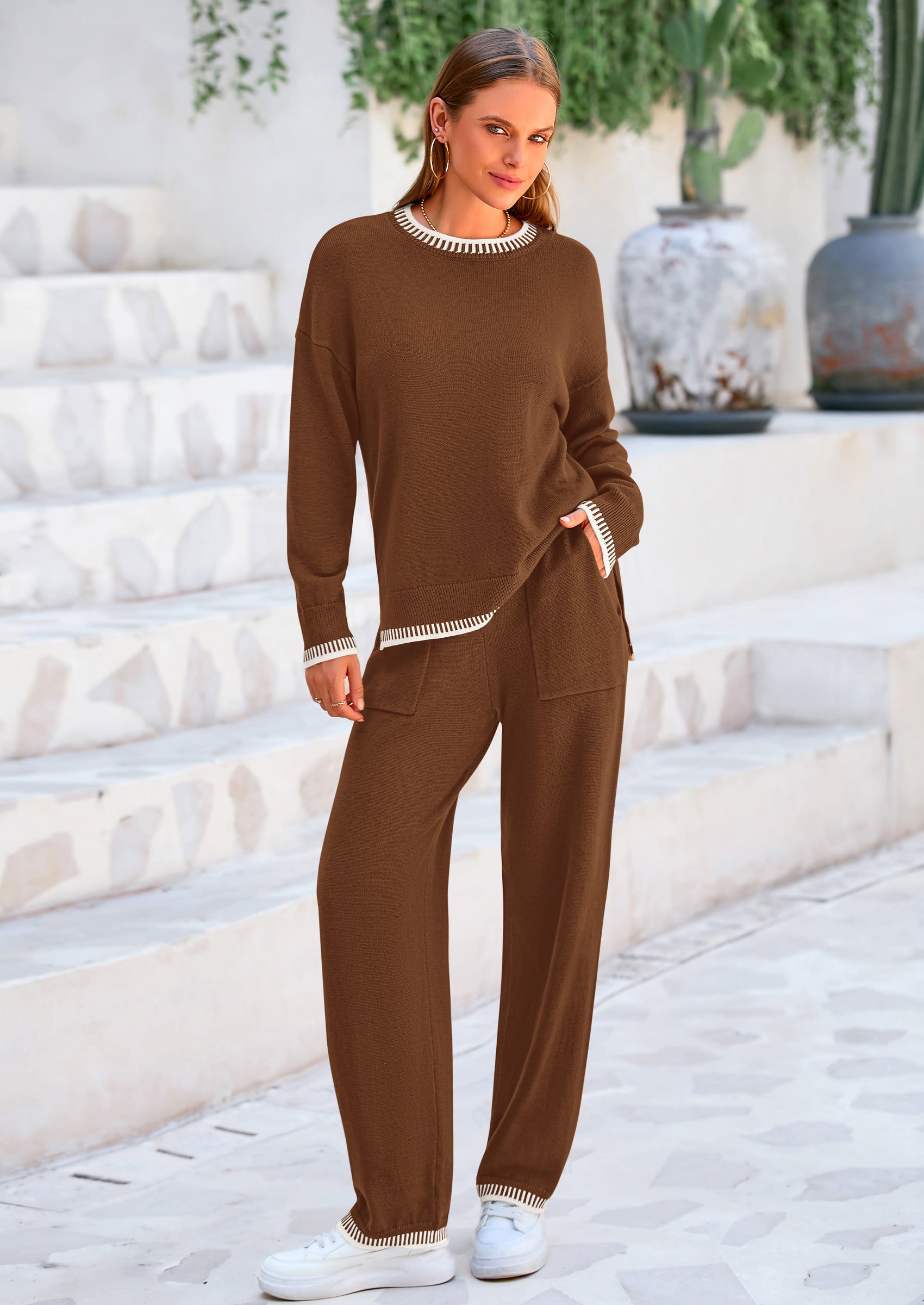 PRETTYGARDEN Women's 2 Piece Knit Sweater Outfit Casual Long Sleeve Pullover Wide Leg Pants Tracksuit Loungewear Set