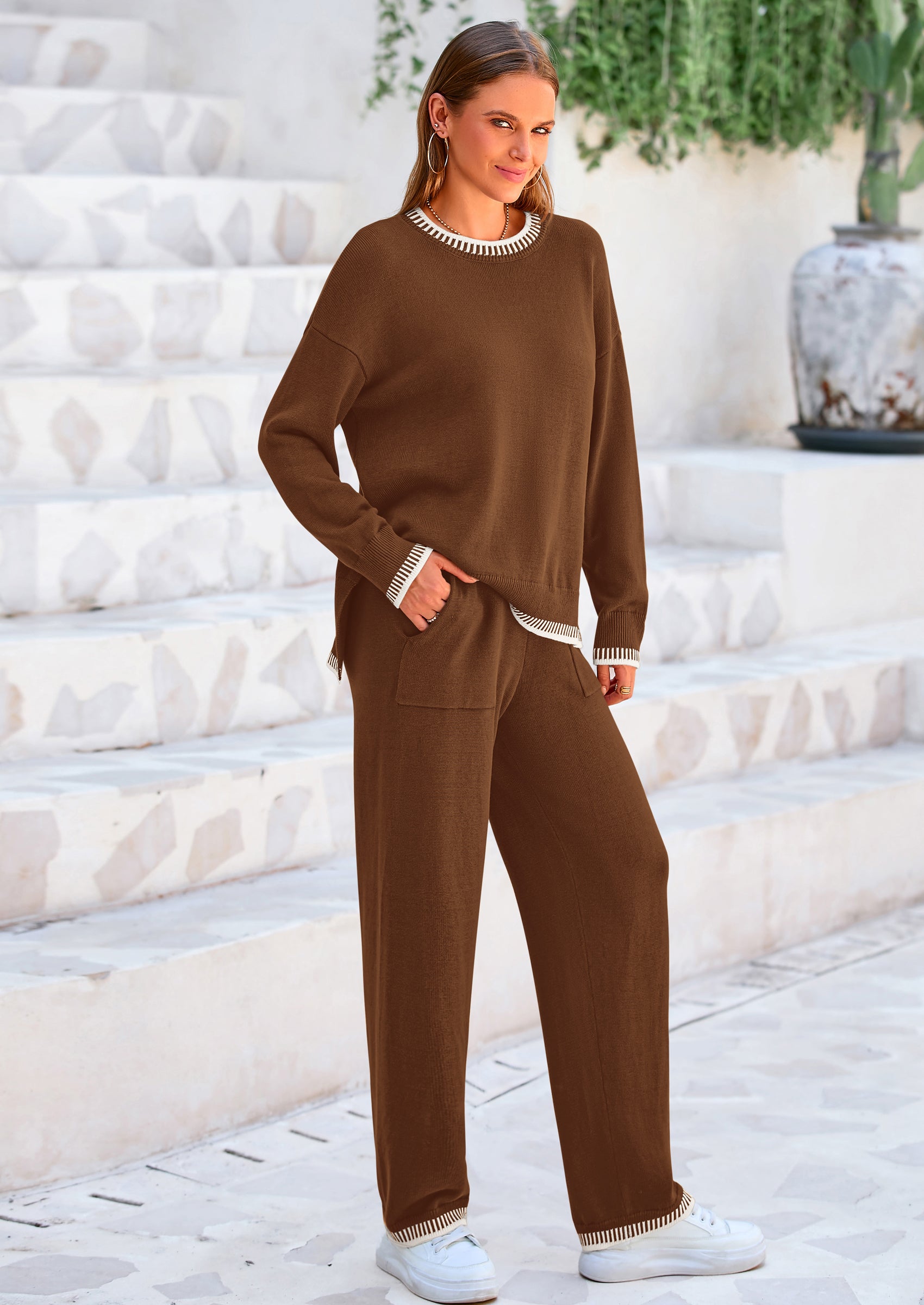 PRETTYGARDEN Women's 2 Piece Knit Sweater Outfit Casual Long Sleeve Pullover Wide Leg Pants Tracksuit Loungewear Set