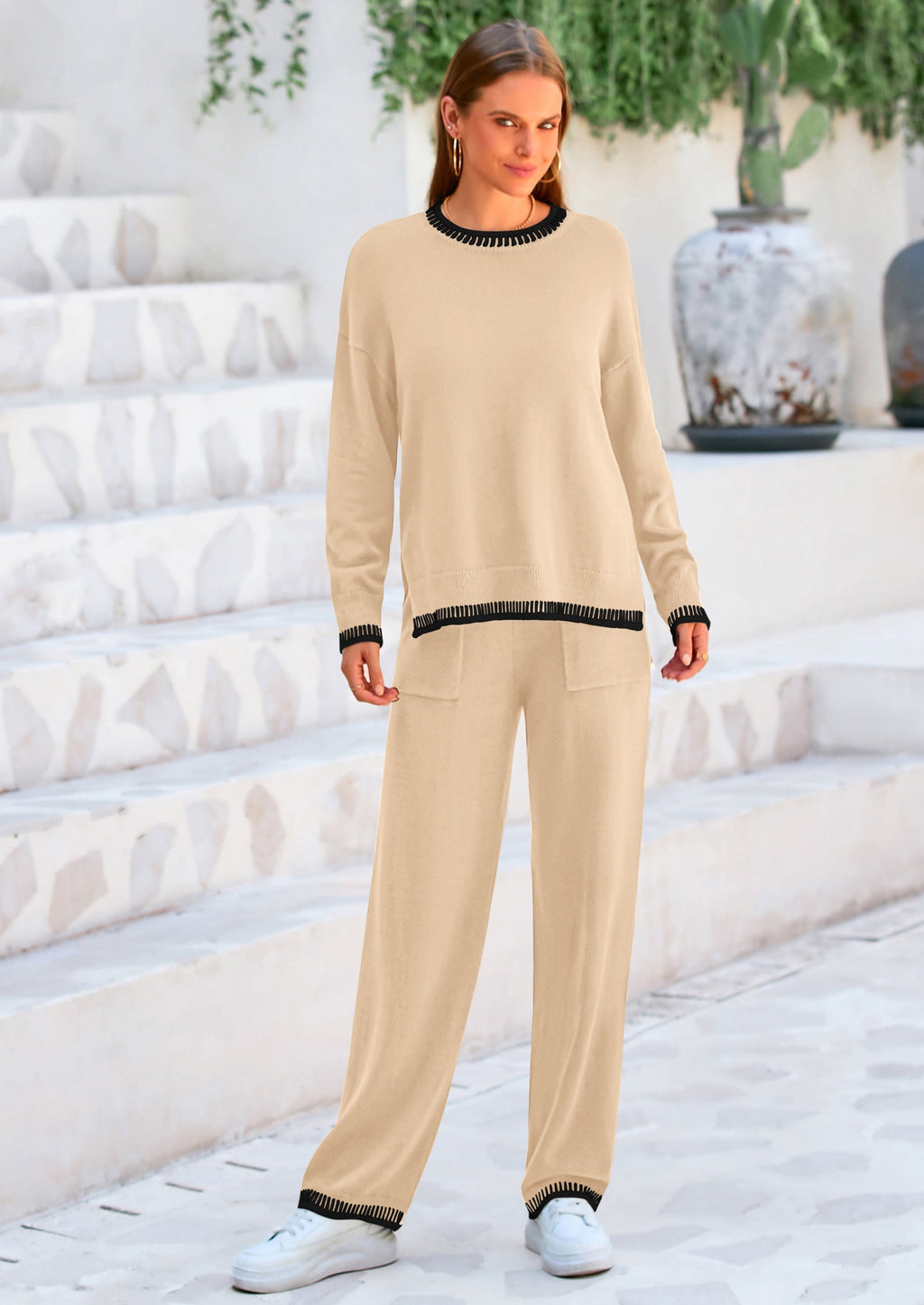 PRETTYGARDEN Women's 2 Piece Knit Sweater Outfit Casual Long Sleeve Pullover Wide Leg Pants Tracksuit Loungewear Set