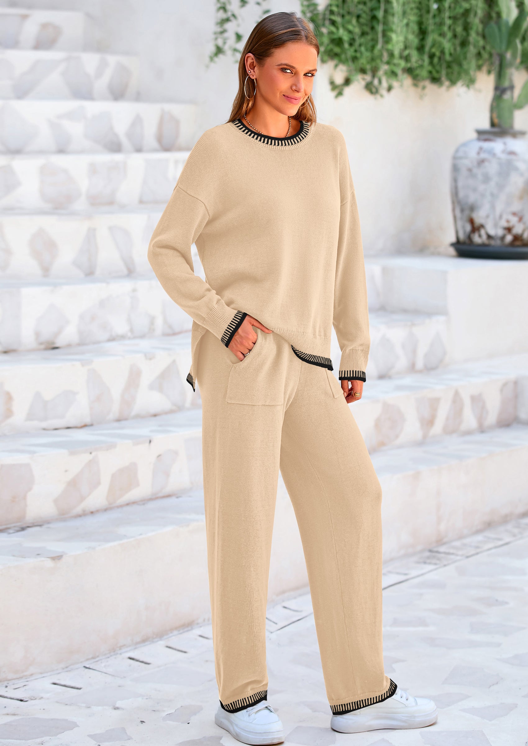 PRETTYGARDEN Women's 2 Piece Knit Sweater Outfit Casual Long Sleeve Pullover Wide Leg Pants Tracksuit Loungewear Set
