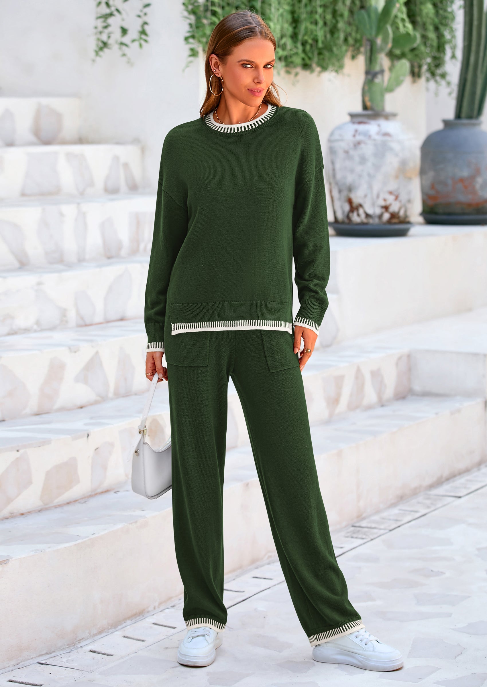 PRETTYGARDEN Women's 2 Piece Knit Sweater Outfit Casual Long Sleeve Pullover Wide Leg Pants Tracksuit Loungewear Set