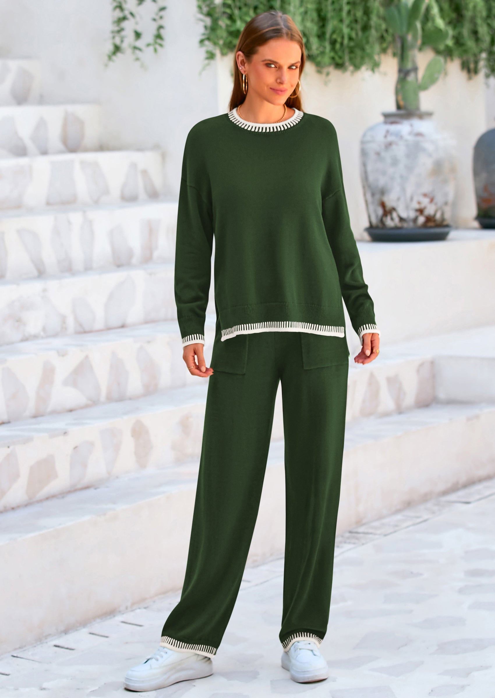 PRETTYGARDEN Women's 2 Piece Knit Sweater Outfit Casual Long Sleeve Pullover Wide Leg Pants Tracksuit Loungewear Set