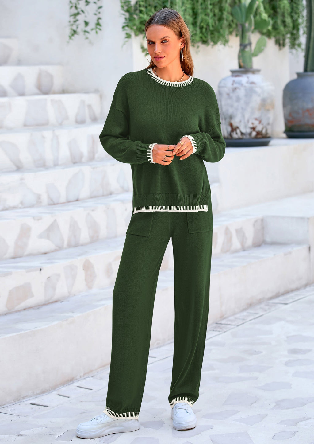 PRETTYGARDEN Women's 2 Piece Knit Sweater Outfit Casual Long Sleeve Pullover Wide Leg Pants Tracksuit Loungewear Set