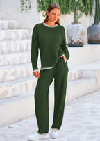 PRETTYGARDEN Women's 2 Piece Knit Sweater Outfit Casual Long Sleeve Pullover Wide Leg Pants Tracksuit Loungewear Set