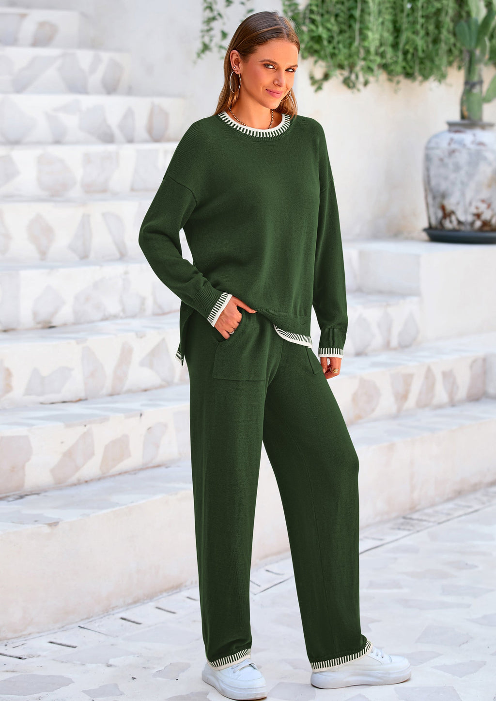 PRETTYGARDEN Women's 2 Piece Knit Sweater Outfit Casual Long Sleeve Pullover Wide Leg Pants Tracksuit Loungewear Set