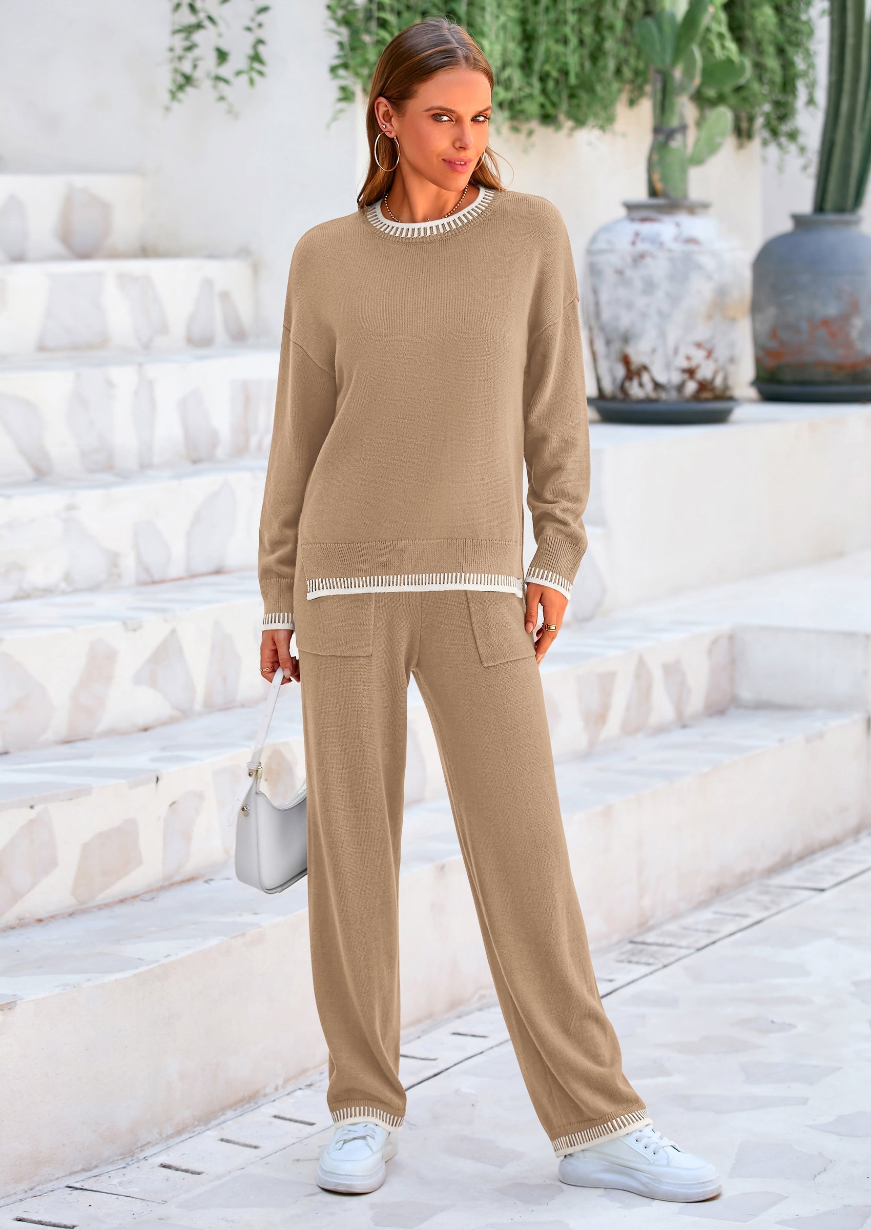 PRETTYGARDEN Women's 2 Piece Knit Sweater Outfit Casual Long Sleeve Pullover Wide Leg Pants Tracksuit Loungewear Set
