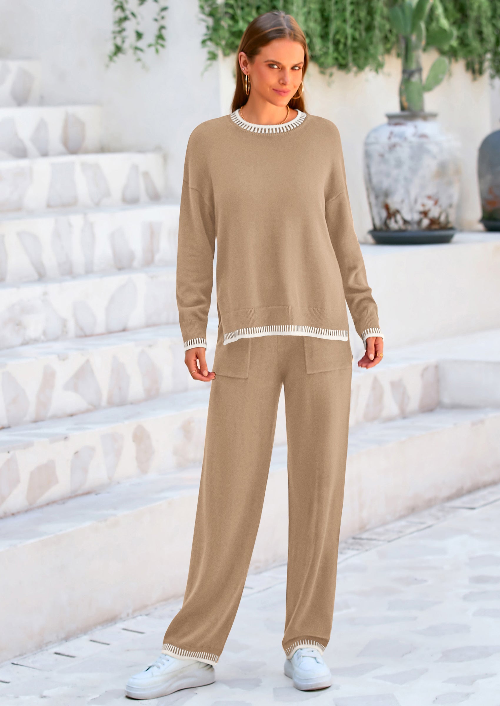 PRETTYGARDEN Women's 2 Piece Knit Sweater Outfit Casual Long Sleeve Pullover Wide Leg Pants Tracksuit Loungewear Set
