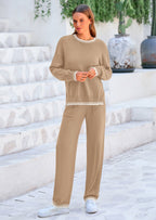 PRETTYGARDEN Women's 2 Piece Knit Sweater Outfit Casual Long Sleeve Pullover Wide Leg Pants Tracksuit Loungewear Set