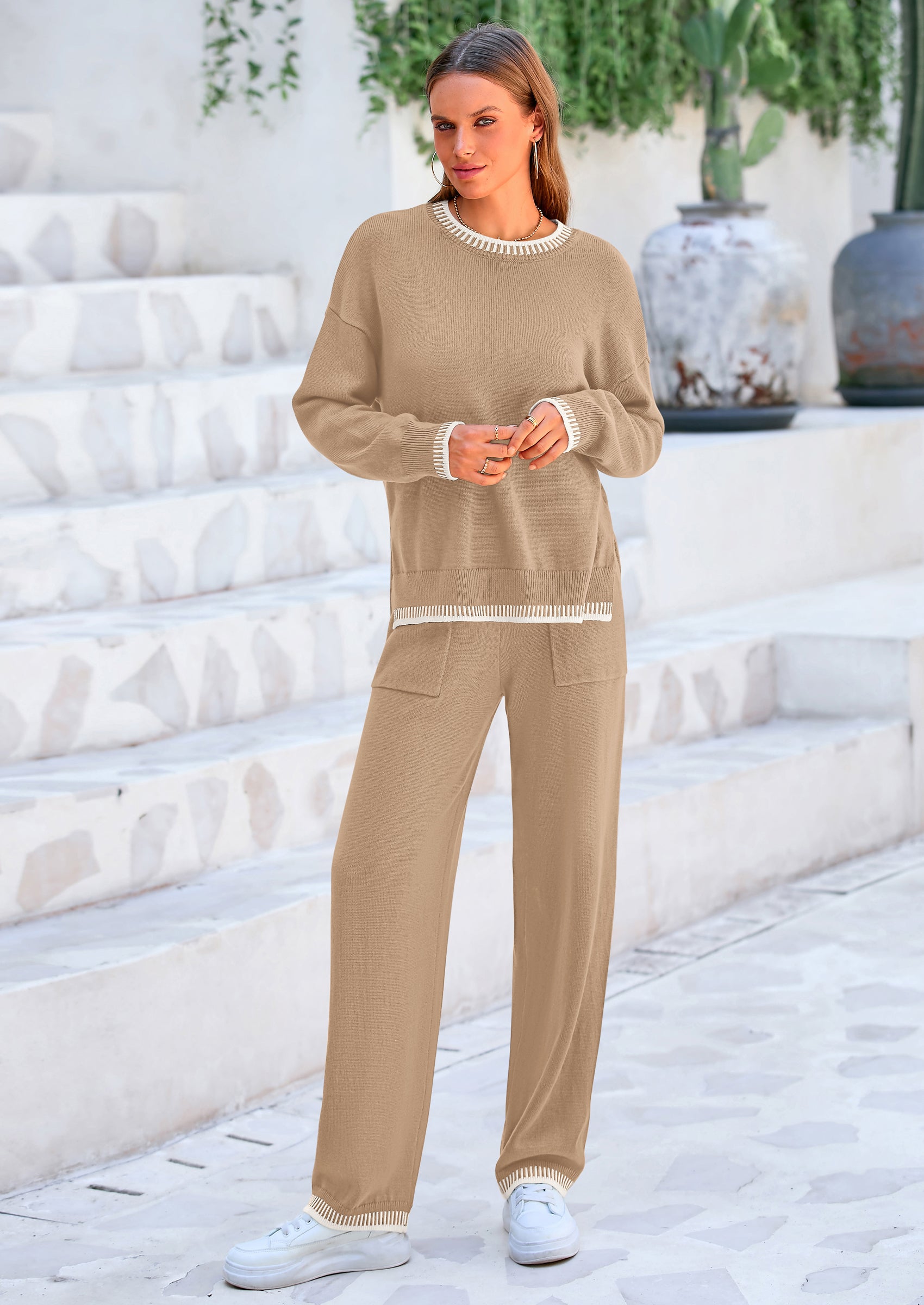 PRETTYGARDEN Women's 2 Piece Knit Sweater Outfit Casual Long Sleeve Pullover Wide Leg Pants Tracksuit Loungewear Set