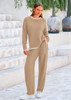 PRETTYGARDEN Women's 2 Piece Knit Sweater Outfit Casual Long Sleeve Pullover Wide Leg Pants Tracksuit Loungewear Set