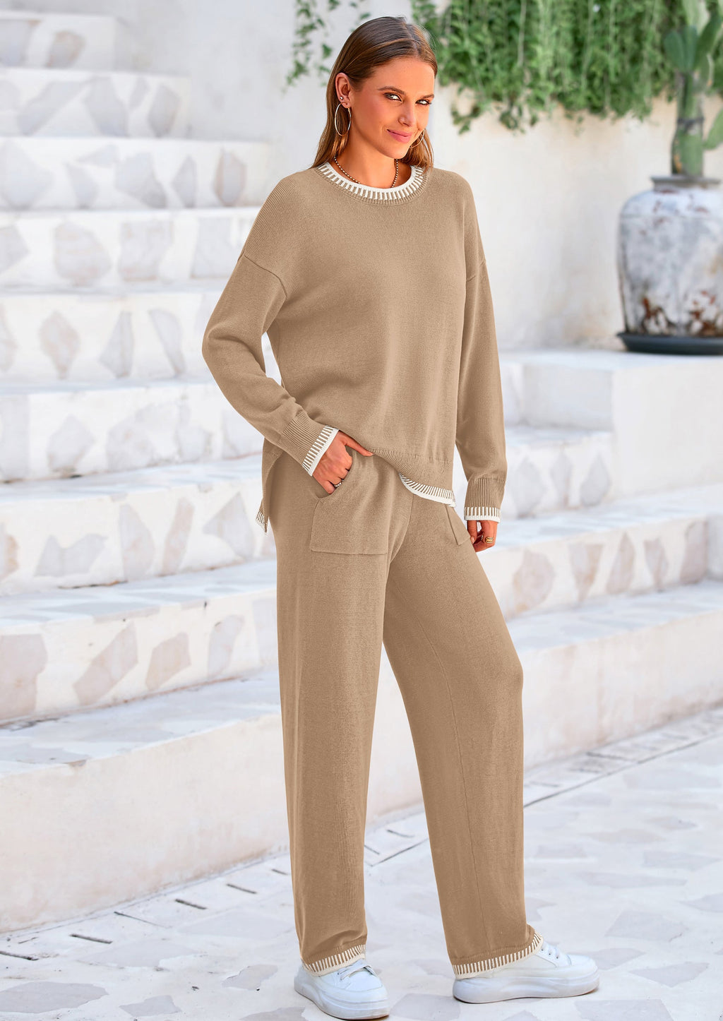 PRETTYGARDEN Women's 2 Piece Knit Sweater Outfit Casual Long Sleeve Pullover Wide Leg Pants Tracksuit Loungewear Set