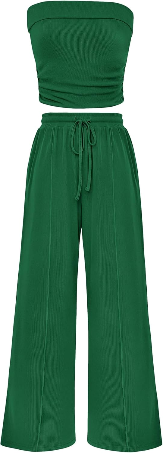 PRETTYGARDEN 2 Piece Sets Casual Ribbed Knit Crop Tube Top Wide Leg Pants Lounge Set
