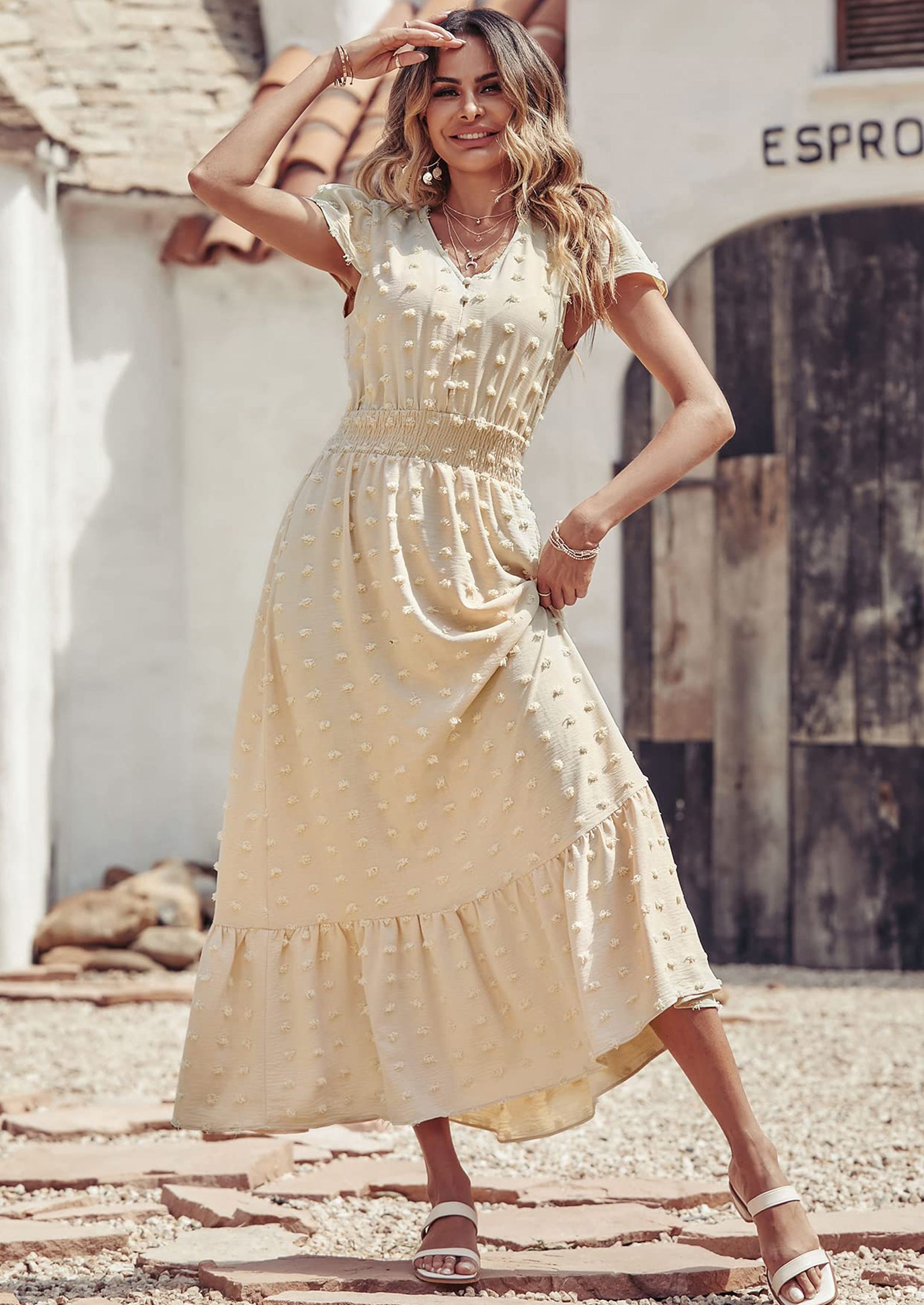 PRETTYGARDEN Womens Dresses Summer Maxi Dress Boho Short Sleeve V Neck Swiss Dot Ruffle Tiered Smocked Flowy Long Dress